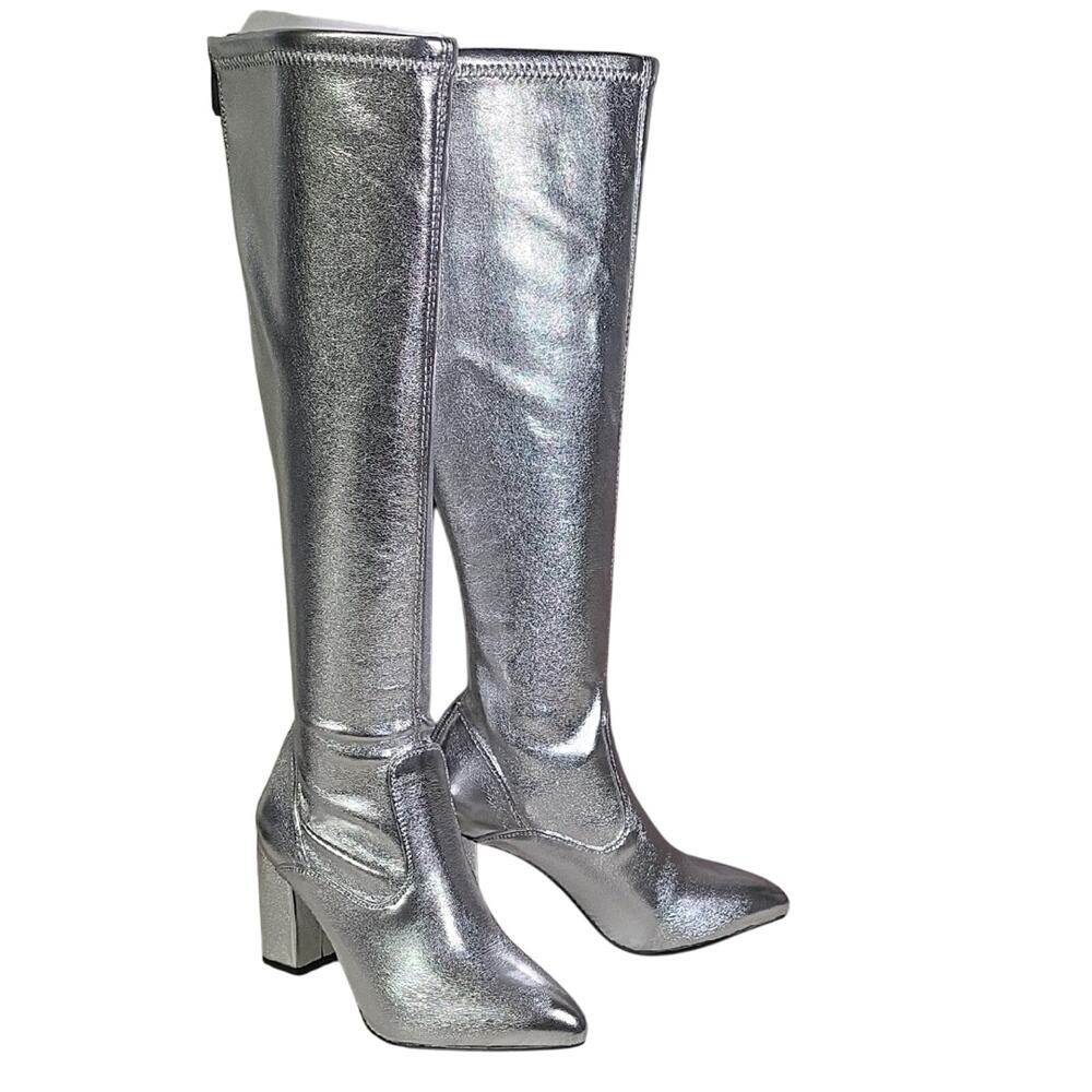 Franco Sarto Katherine Knee High Silver Faux Leather Stretch Boots Womens 6W NEW